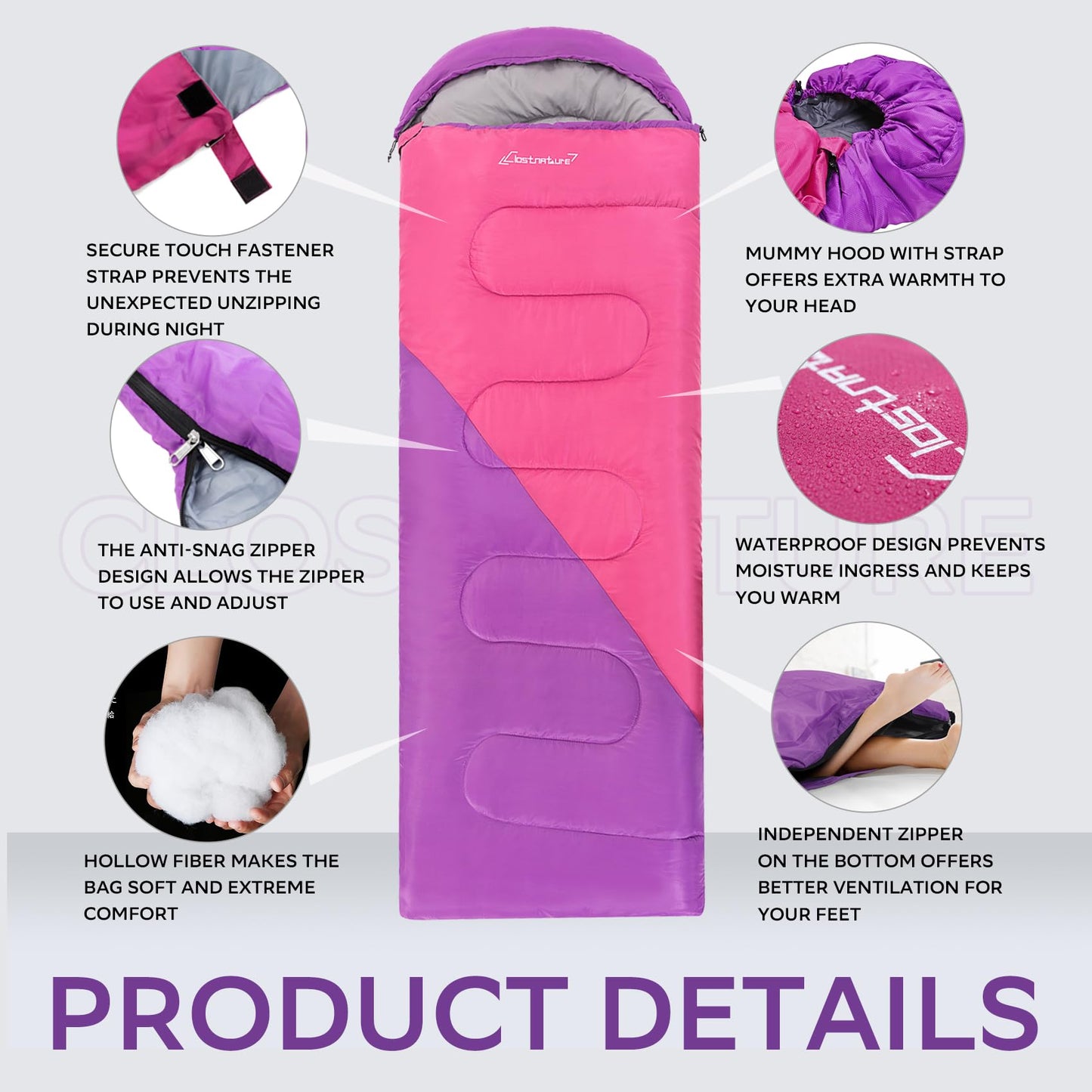 Clostnature Sleeping Bag for Adults and Kids - Lightweight Camping Sleeping Bag for Girls, Boys, Youths, Ultralight Backpacking Sleeping Bags for Cold Weather - Storage Sack Included(Left Zipper)