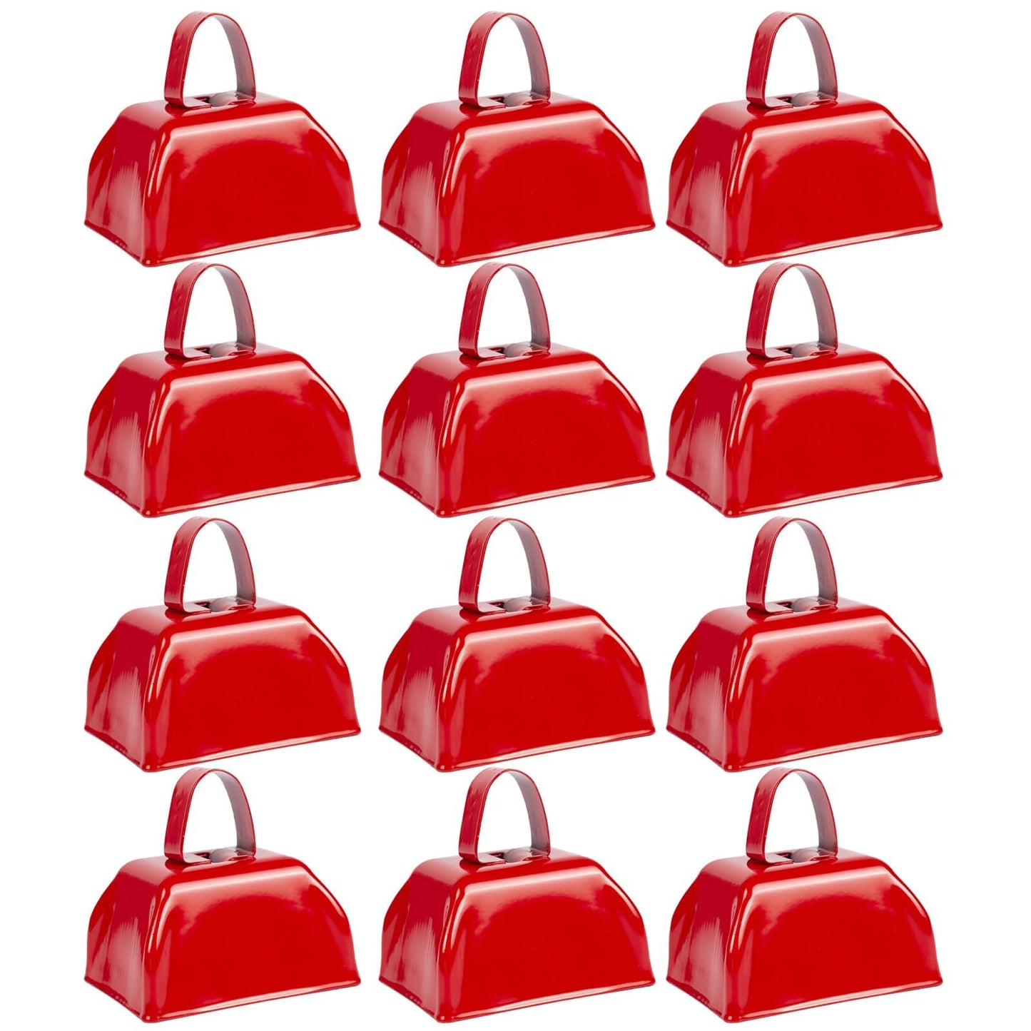 Cow Bells Noise Makers Red Cheering Bell for Sporting Events: 12 Pcs Metal Cowbells with Handle - Small Loud Bell Bulk Hand Percussion for Football Games Graduation Weddings-Red