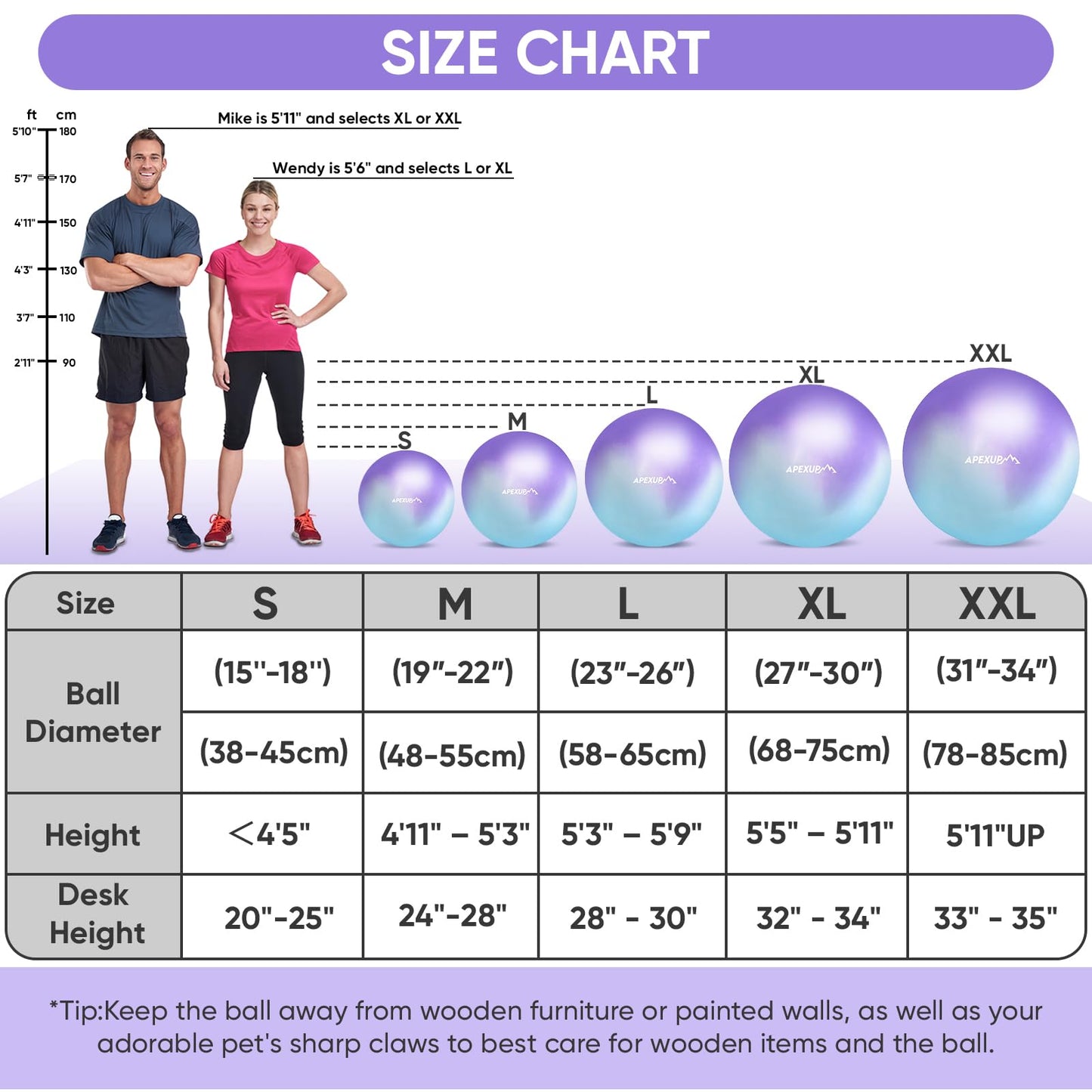 APEXUP Yoga Ball, 660 lbs Anti-Burst Exercise Ball with Pump, 5 Sizes (S (15"~18") 45cm, Blue Purple)