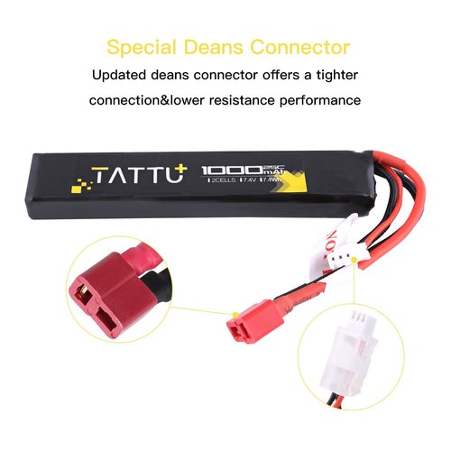 Tattu 7.4V Airsoft LiPO Battery with Deans Connector, 1000mAh 25C 2S Battery Pack for Airsoft Guns