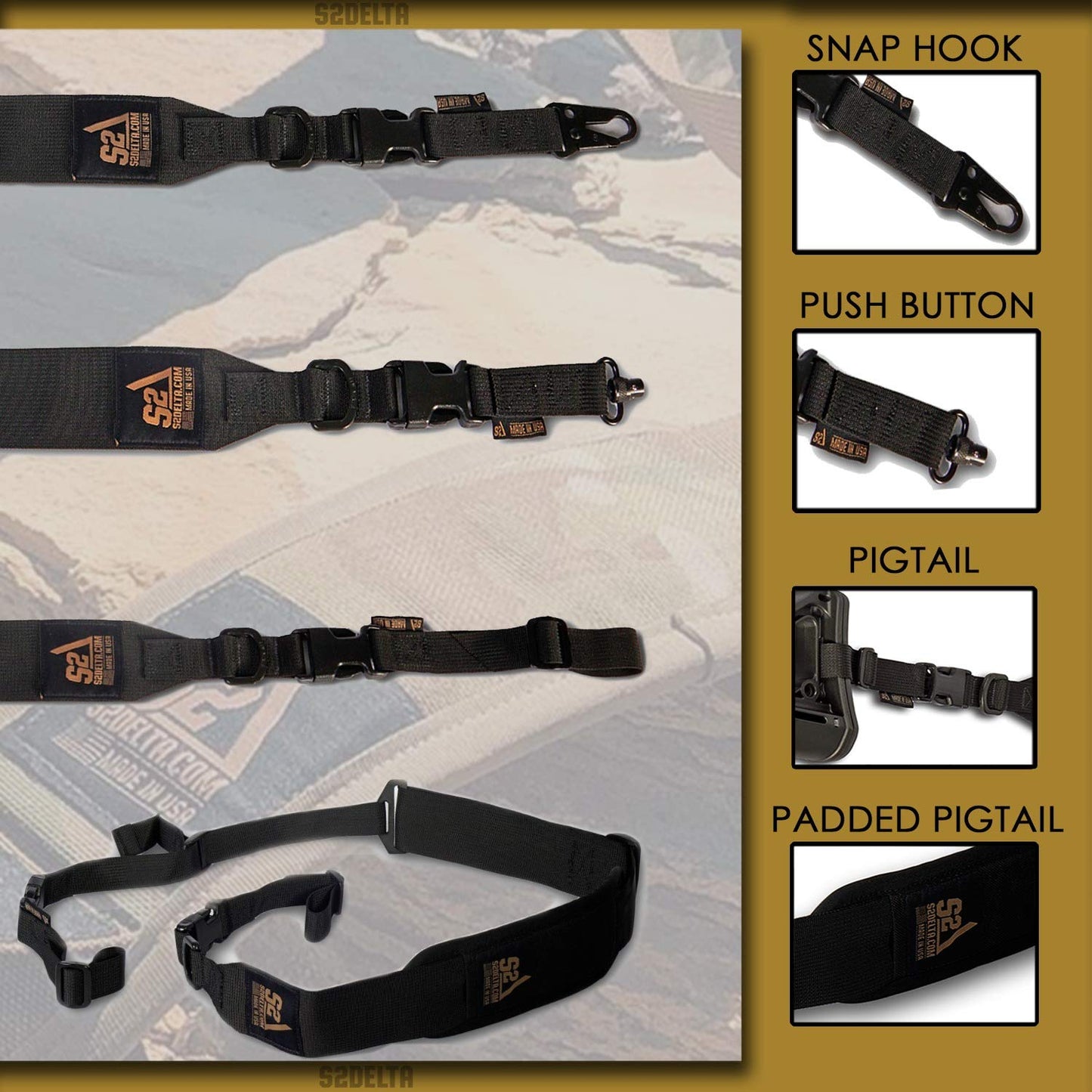 S2Delta - USA Made Premium 2 Point Rifle Sling, Fast Adjustment, Modular Attachment Connections, Comfortable 2” Wide Shoulder Strap (Black, Snap Hook)