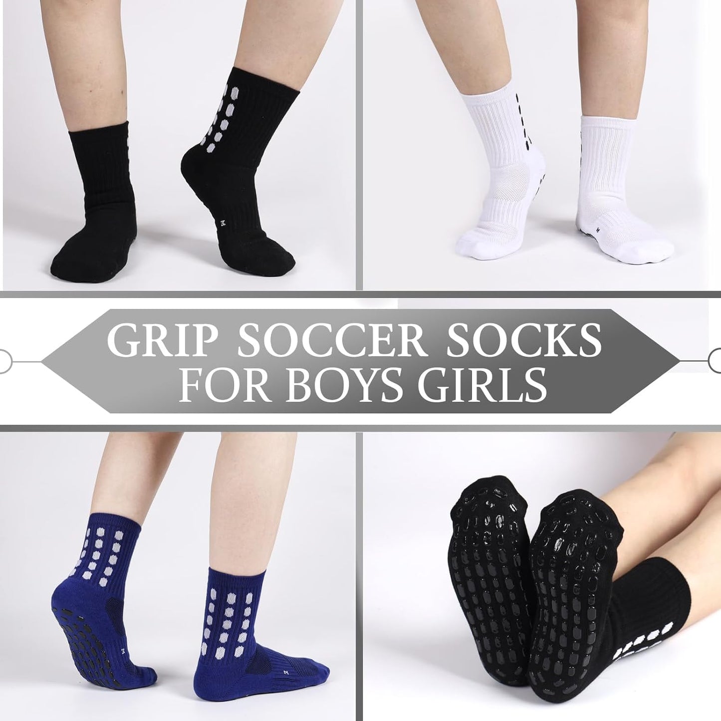 3 Pairs Kids Grip Soccer Socks Cushioned Non Slip Football Athletic Sports Socks for Boys Girls