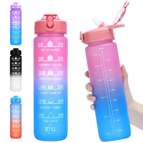 FLEEODAN Water Bottle with Straw, 32oz Motivational Water Bottles with Time Marker, LeakProof Tritan BPA Free,Sports Water Bottle with Handle for Women Man Gym Fitness Outdoor(Pink)