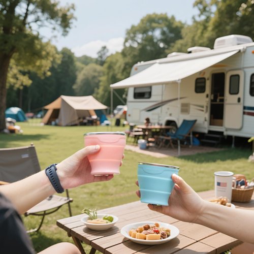 Collapsible Travel Cup - Silicone Foldable Water Cup, BPA-Free with Lid & Waterproof Bag - Drinking Cup Set for Camping, Outdoors & International Travel（8 Oz, Navy）