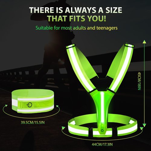 Pomerol LED Reflective Vest Running Gear High Visibility Reflective Running Gear Rechargeable Light Up Running Vest for Walking Running Cycling, Adjustable for Men Women （ 4Lights Colors +LED Wrist）