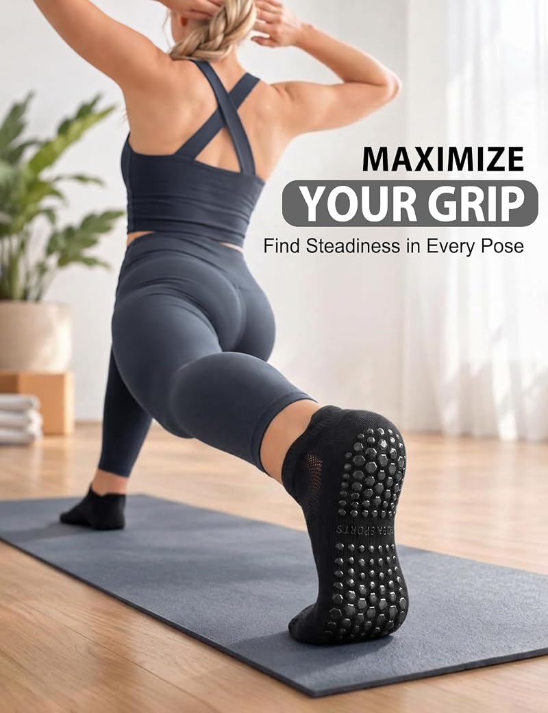 Non-Slip Pilates Socks for Women - 4 Pairs, A04-Black Small/Medium