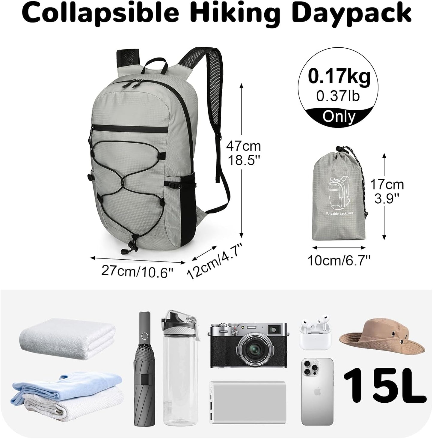 15L Small Foldable Hiking Backpack for Men Women, Packable Collapsible Daypack for Casual, Light Gray
