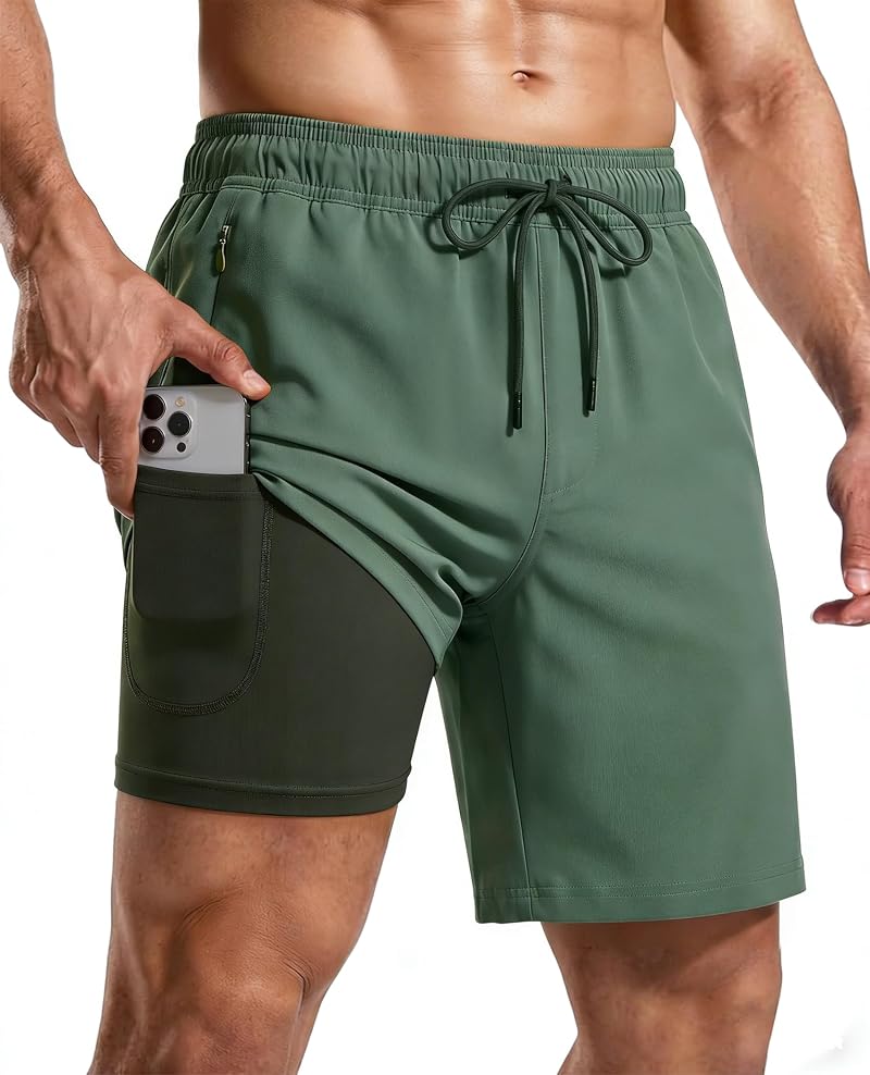 Men's 7 Inch Quick Dry Board Shorts with 2-in-1 Compression Liner - Army Green, Large