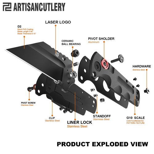 ARTISANCUTLERY Tactical Knife Proponent Normal Size(1820P) D2 Steel Black PVD Blade, Folding Pocket Knife with G10 Handle, Black