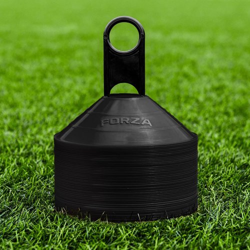 FORZA Multi-Sport Training Marker Cones | Pack of 50 or 1000 Soccer Cones in 8 Vibrant Colors - Durable Construction, Portability and Convenient Storage with Holder (Black, Pack of 50)