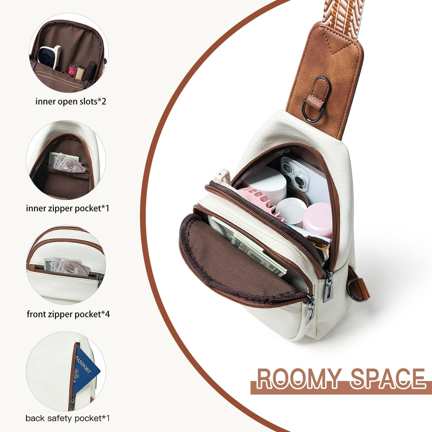 Leresas 7L Sling Bag for Women Crossbody Bags Sling Purse Backpack Cross Body Purse Fanny Pack Trendy Vegan Leather Beige