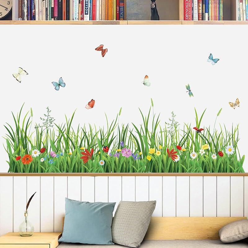 Wondever Green Grass Wall Decals with Flowers & Butterflies - 2 Sheets, 132cm x 54cm