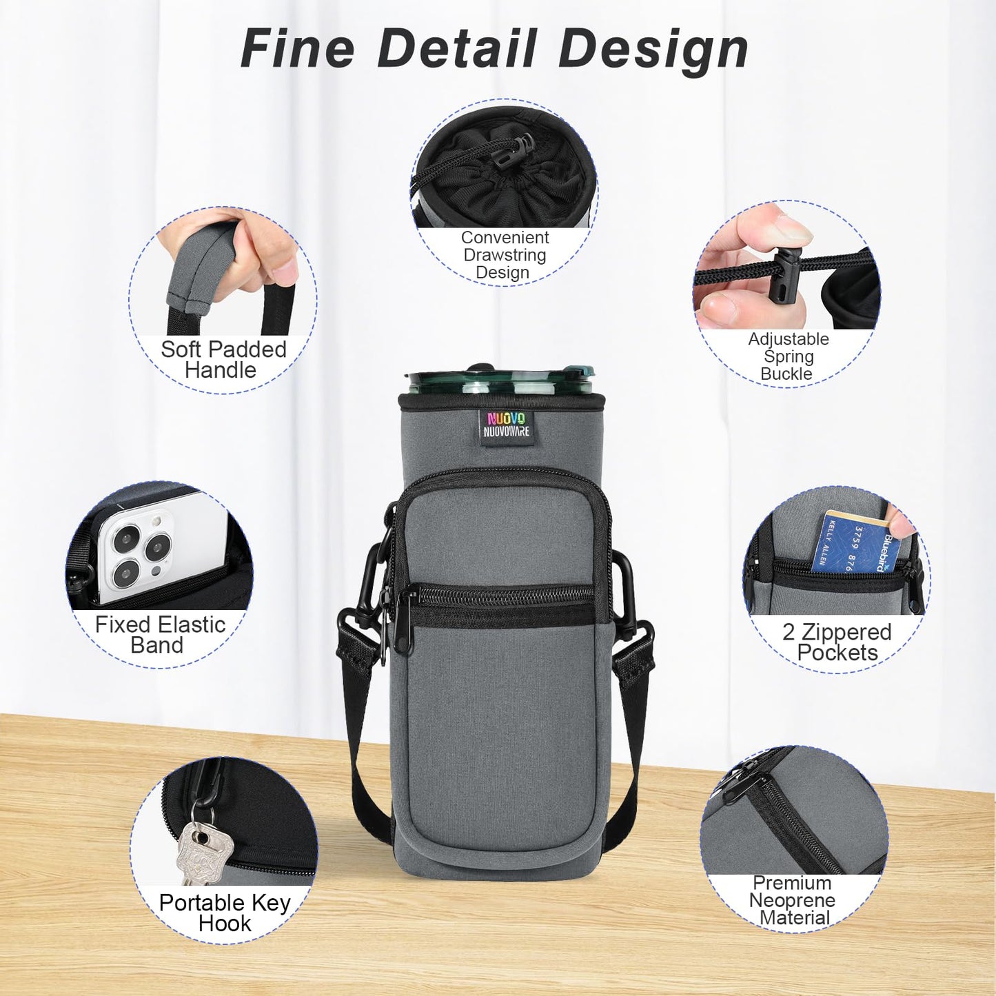 Nuovoware Magnetic Gym Bag, 25oz/32oz Water Bottle Carrier Holder, Adjustable Shoulder Strap 2 Pocket Sports Sling Neoprene Sleeve for Hiking Travelling Camping, Grey