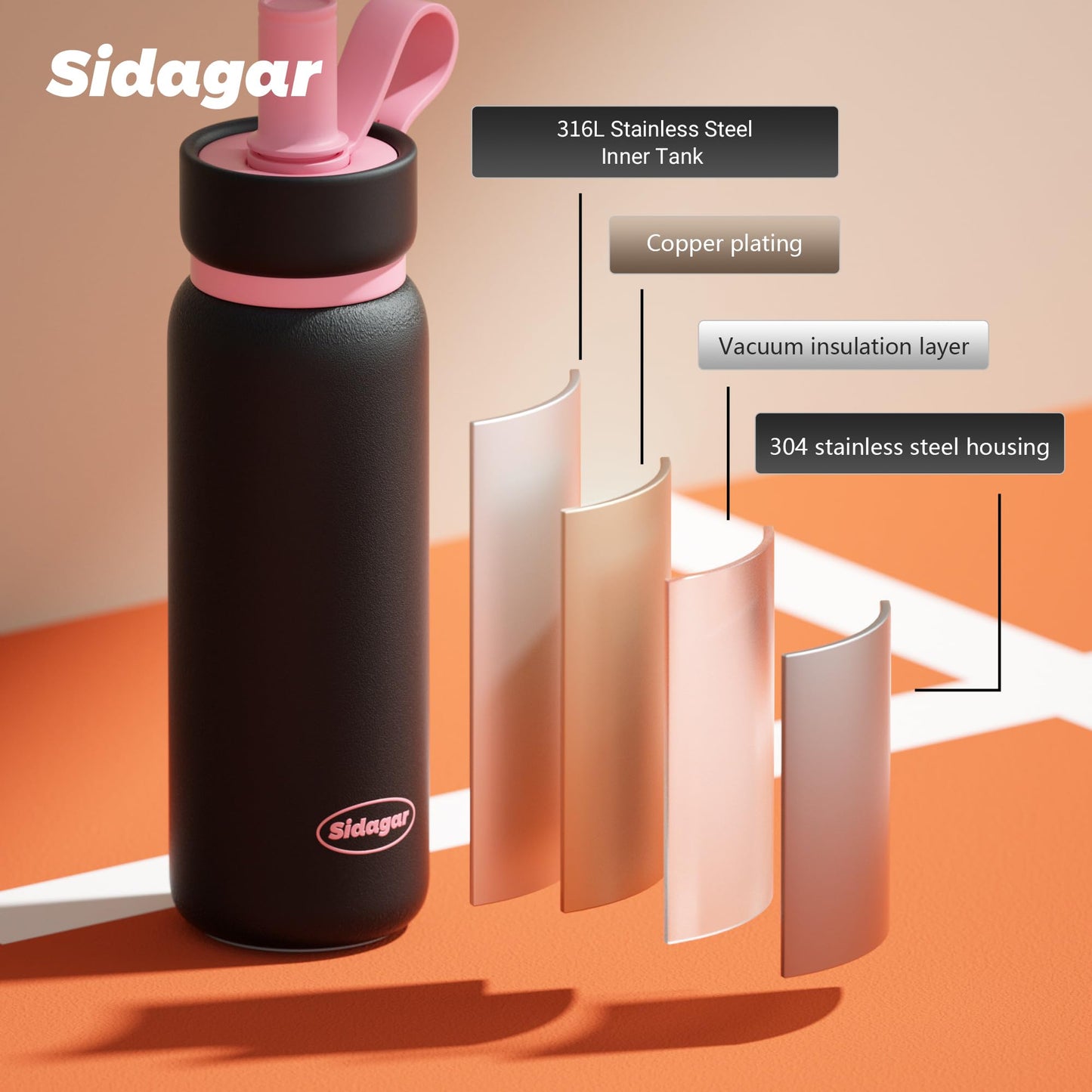 Sidagar 24 oz Tumbler, Insulated Coffee Mug with Lid and Straw, Leak Proof Portable Travel Cup, for Hot and Cold Drinks Drinks Flask for Women Black