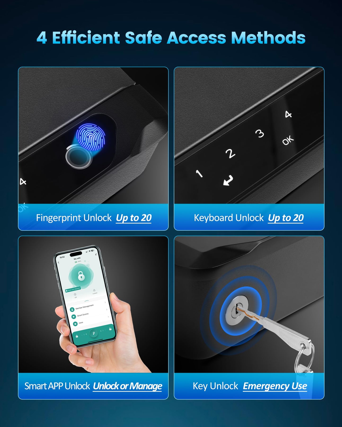 Adoreal Smart Biometric Gun Safe for Handguns, 4 Ways Quick-Access Fingerprint Gun Safe for Pistols, Fingerprint/Digital Keypad/Key/APP Gun Locks Box for Guns, Sturdy Heavy Steel Construction