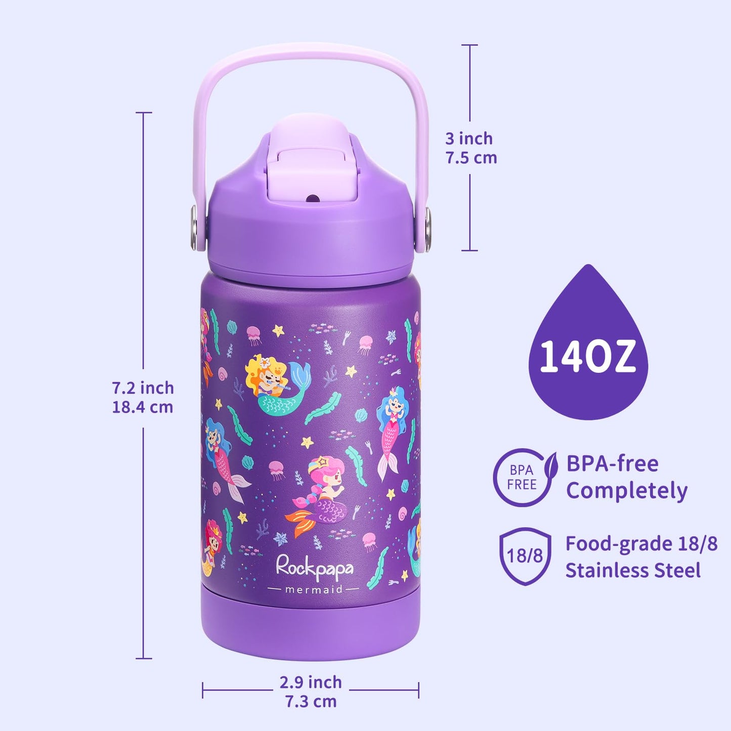 rockpapa 14 oz Kids Insulated Water Bottle，Stainless Steel Toddler Cups with Straws, BPA Free, Leak-Proof, Kids Water Bottle for School Boys& Girls (Purple Mermaid)