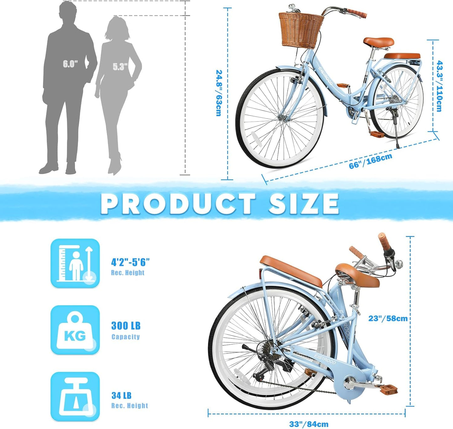 26Inch Foldable Beach Cruiser Bike for Women, Womens Folding Bike with Basket, 7 Speed Hybird Commute Bicycles with Cushion, V-Brakes, Quick Install for Adults, Womens (Blue)