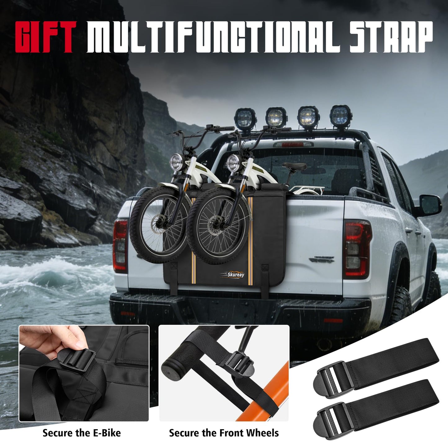 Tailgate 2 Bike Pad for E-Bike and Mountain Bike, Outdoors Tailgate Protection Pad with Additional Replaceable E-Bike Straps, Ebike Tailgate Bed Mat for Truck Pickup
