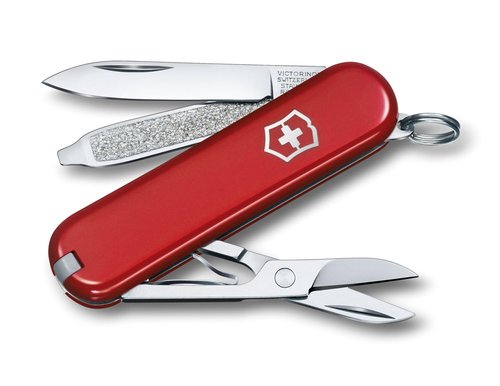 Victorinox Classic SD Swiss Army Knife, Compact, 7 Functions, Swiss Made Pocket Knife with Small Blade, Screwdriver and Key Ring - Style Icon (Red)