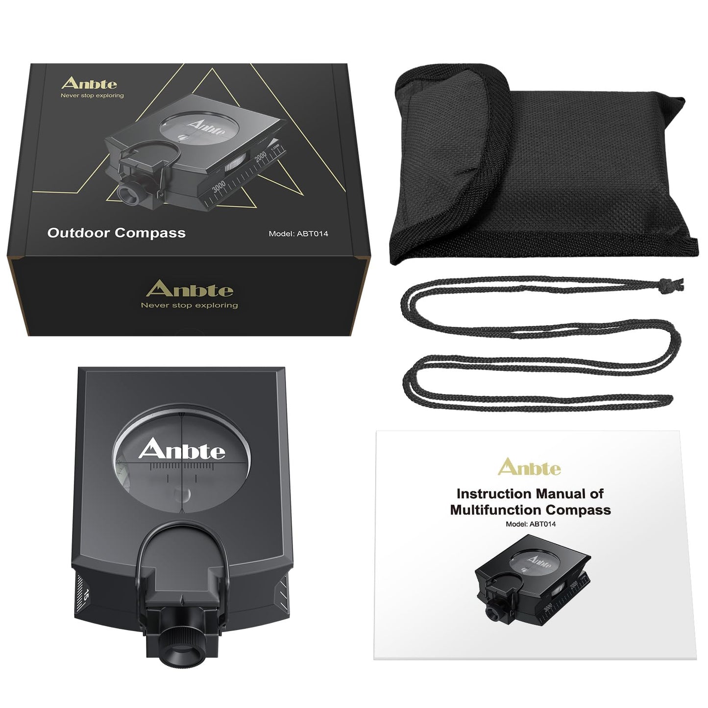 Anbte Compass Hiking Survival, IP65 Waterproof Metal Compass with Sighting Clinometer and Carry Bag, Multifunctional, Professional, for Camping Hunting Hiking Navigation, Black