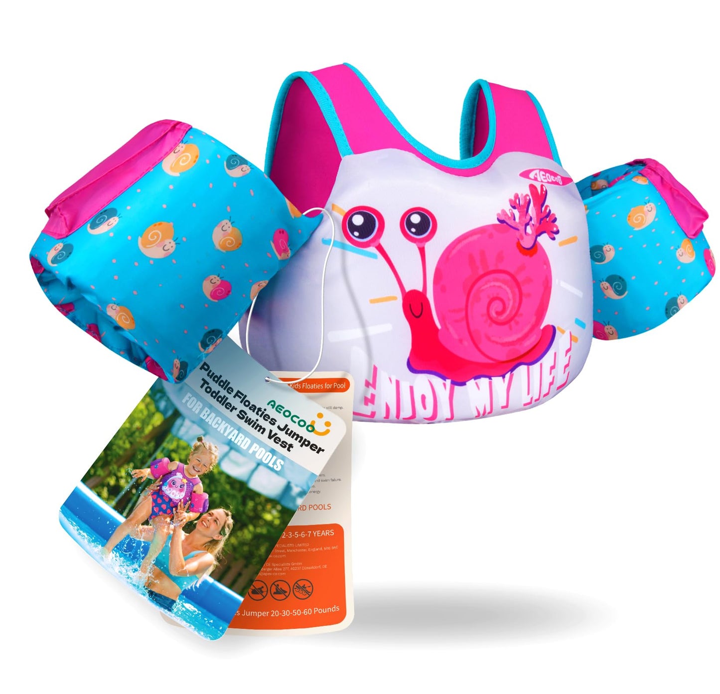 AEOCOO Puddle Float Jumper 30-50-60-66 Pounds, Toddler Swim Vest for 2-3-5-7 Years Old, Pool Floats with Swimming Arm Floaties Swim Jacket for Kids Swimmies, Boys, Girls, Niños, Snail