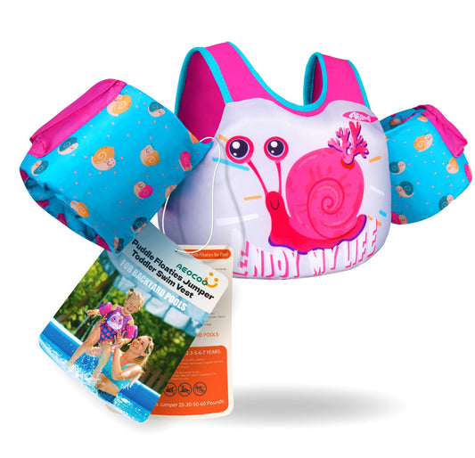AEOCOO Puddle Float Jumper 30-50-60-66 Pounds, Toddler Swim Vest for 2-3-5-7 Years Old, Pool Floats with Swimming Arm Floaties Swim Jacket for Kids Swimmies, Boys, Girls, Niños, Snail
