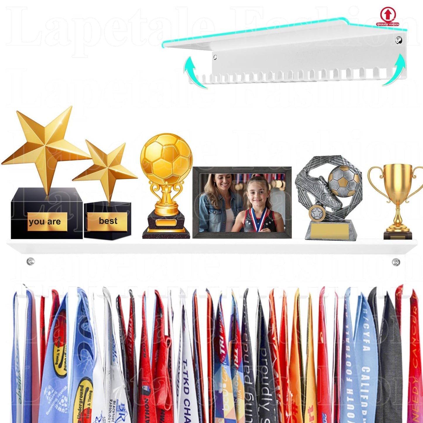 Lapetale Fashion Non-Slip Trophy Shelf - 16 Inch Medal Hanger Display for Wall with Upgraded Shelves for Trophies, Gymnastics, Soccer, Swim