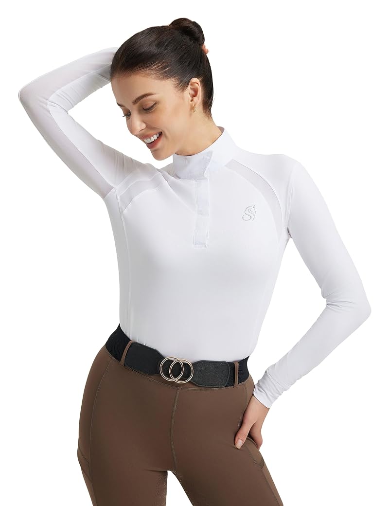 FitsT4 Sports Womens Equestrian Show Shirt UPF50 Long Sleeve with Cooling Mesh Panels White Small