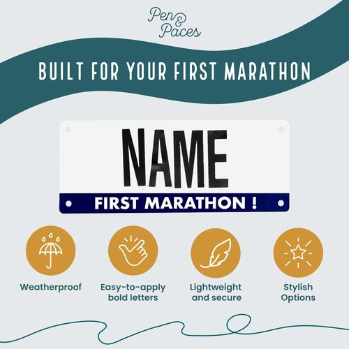 Pen & Paces First Marathon Name Bib Kit – Weatherproof, Tear-Resistant Race Bib with Alphabet Decals & Safety Pins – Add-Your-Name Running Accessory for 5Ks, Marathons, Triathlons, Cycling & Races