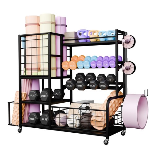 XXL Dumbbell Rack Weight Stand - 4-Tier Adjustable Heavy Duty Weight Rack for Dumbbells, Home Gym Storage Rack for Kettlebell, Balls,Yoga Mat Holder, Workout Equipment Storage Organizer with Wheels