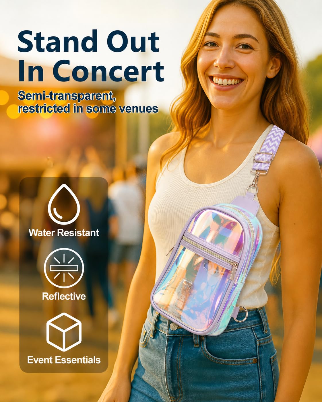 PACKISM Semi-Transparent Holographic Sling Bag for Women - Fashion Purse Iridescent Crossbody Bag for Music Festivals Raves with Jacquard Strap, Purple (Check Venue Rules Beforehand)