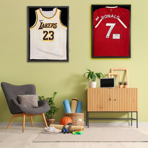 Jersey Wooden Frame Display Case -Shadow Box with 98% UV Protection Acrylic and Hanger for L or XL Baseball Basketball Football Hockey Sport Shirt and Uniform Gifts for Men (Black, 1 Pack)