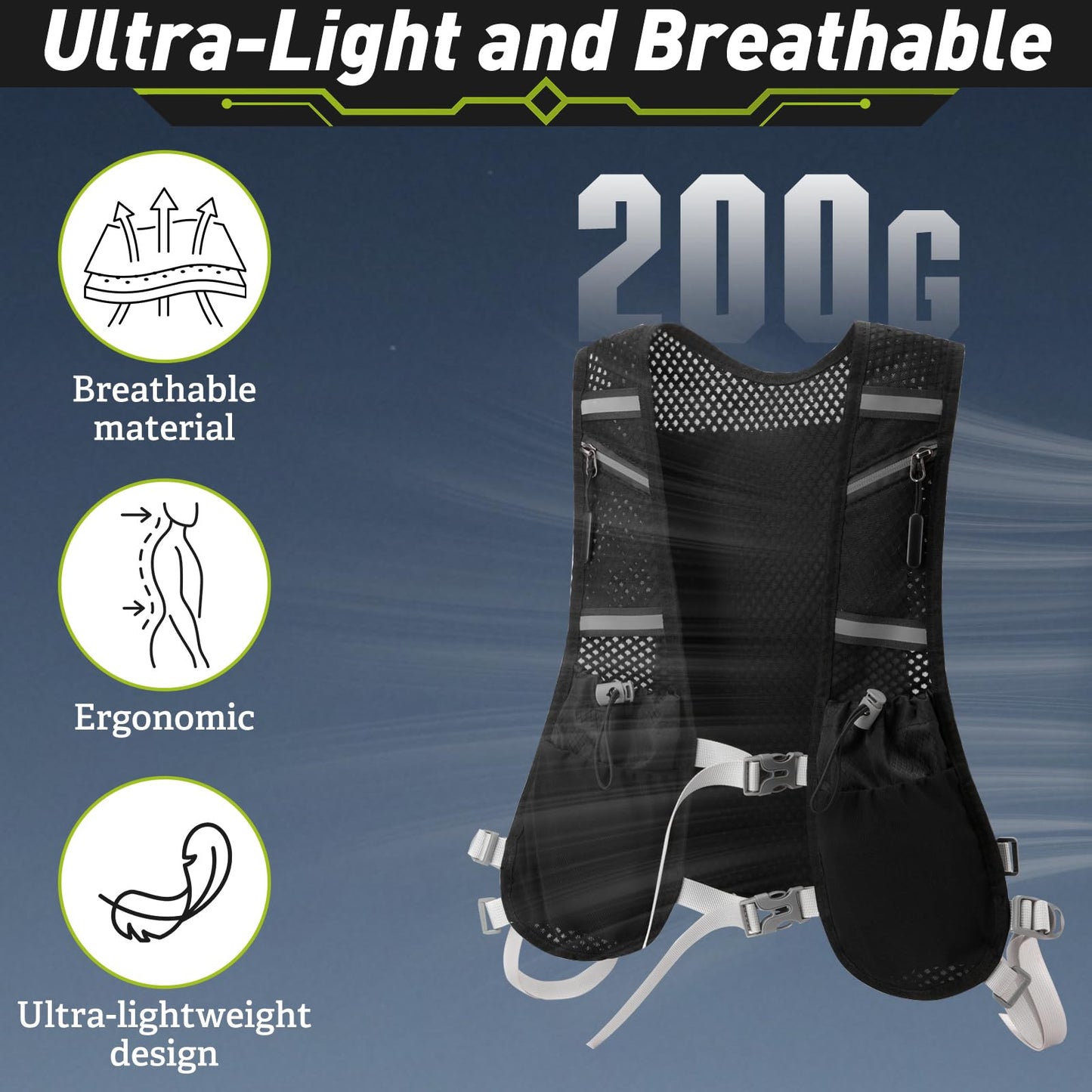 Hydration Vest for Women & Men – Lightweight Running Backpack with 500ml Soft Flask, Adjustable & Breathable, Reflective Gear with 7 Pockets for Marathon, Hiking, Cycling
