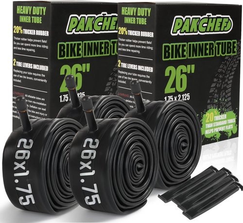 4 Pack Heavy Duty Bike Tubes for 26 x 1.75/1.95/2.10/2.125-32mm AV Valve - Thicker Butyl Rubber Bicycle Inner Tube for Mountain Road Cruisers City Bikes by PAKCHEF