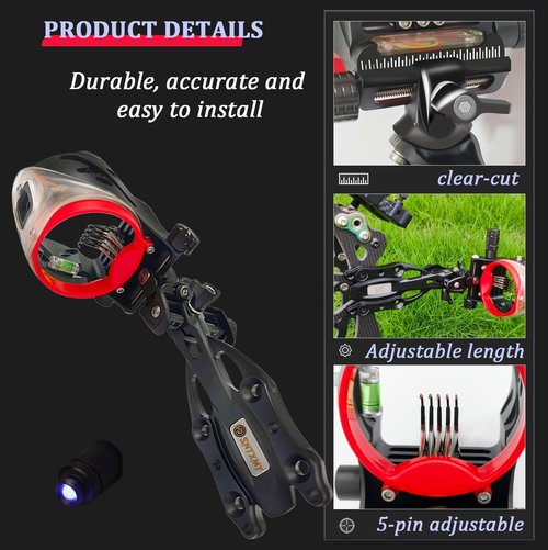5-Pin Bow Sight for Compound Bows – Micro Adjustable Archery Sight with 0.019" Fiber Optics and Hunting Bow Sight Light.