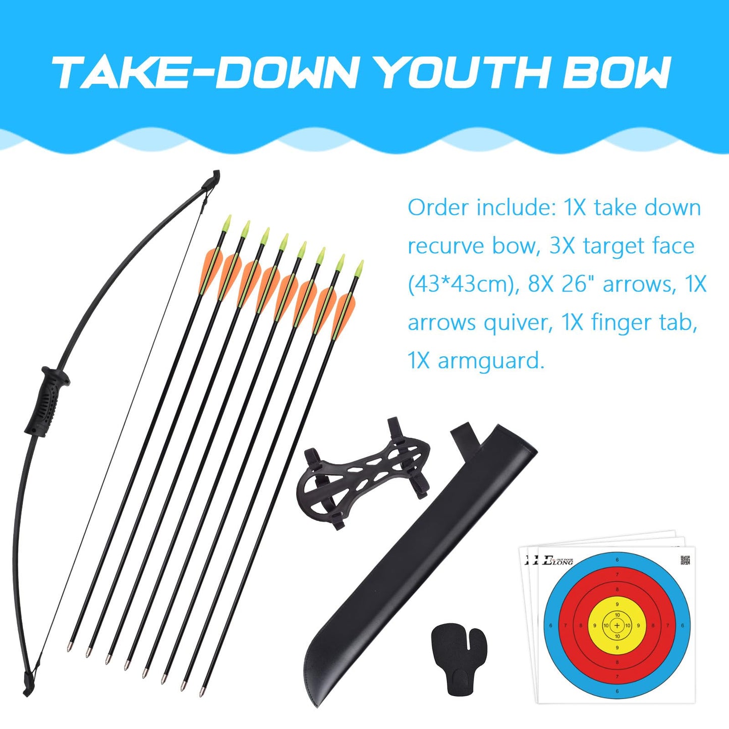 ELONG OUTDOOR Recurve Bow and Arrow Set Outdoor Archery Beginner Training Includes 8 Arrows, Armguard, Quiver, Target Face, Finger Tab