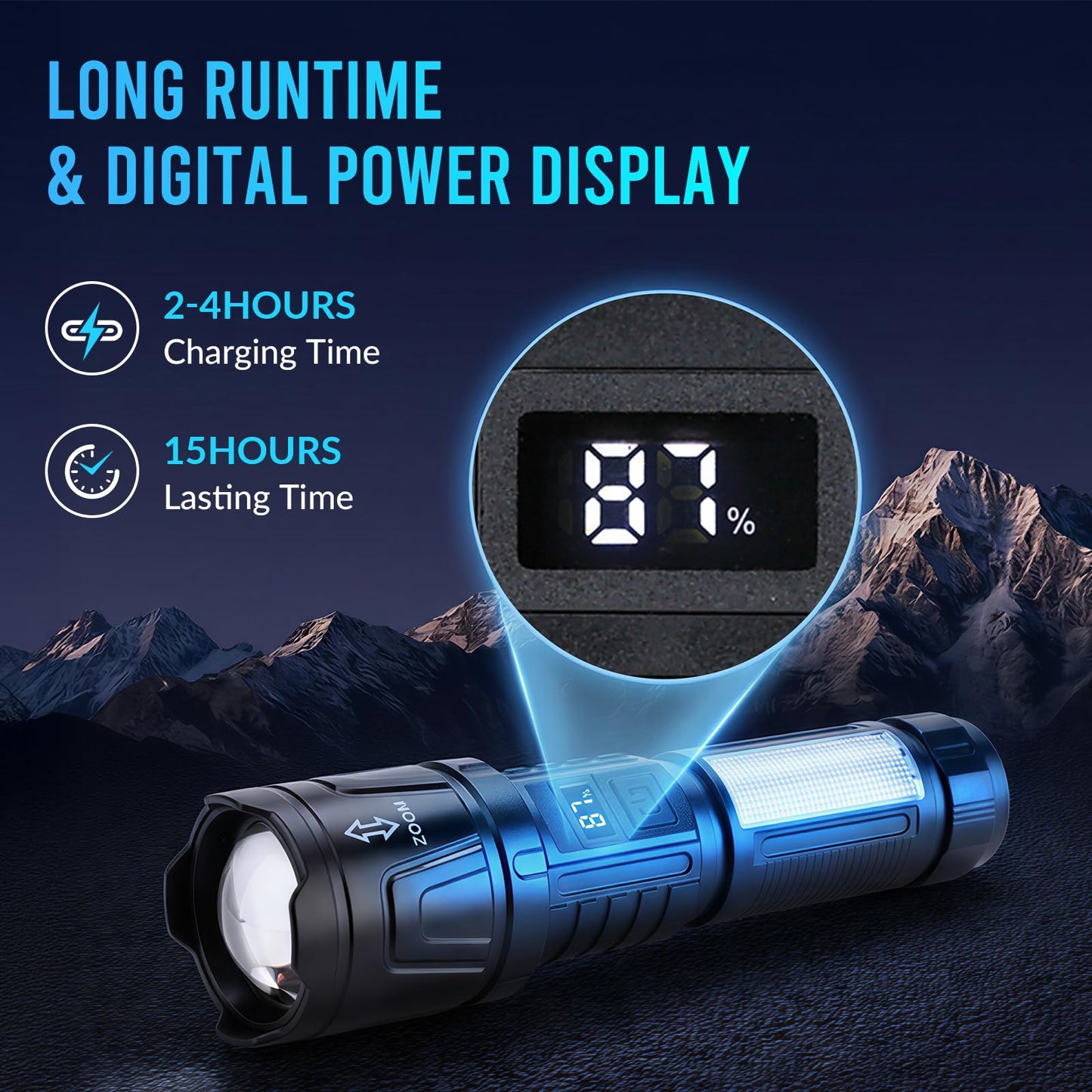 Ewenele Flashlights High Lumens Rechargeable 2 Packs, 1,500,000L Super Bright Flashlight, Led Tactical Flash Light with 6 Modes, Cob Side Light, Digital Display for Home, Outdoor, Camping, Emergency