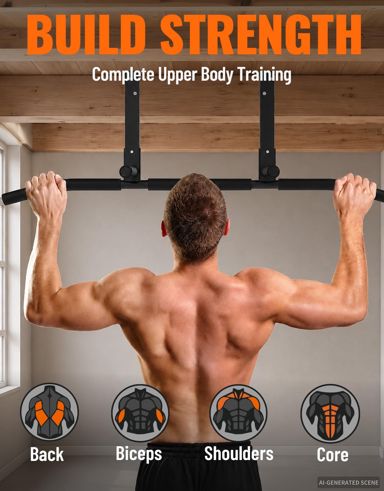 Fitarc Joist Mount Pull Up Bar for Garage Basement Gym, Home Gym Fitness Equipment, Heavy Duty Steel Upper Body Trainer, Ceiling Mounted Chin Up Bar, 42 Inch Wide, 440 lbs Capacity-Patent Pending