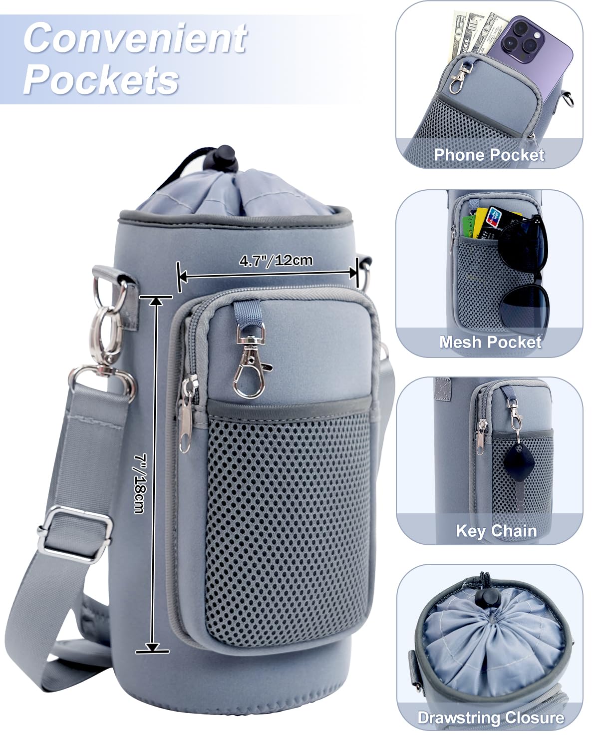 RHDZO Water Bottle Carrier Bag with Strap Insulated Water Bottle Holder with Phone Pocket and Handle 32oz 40oz 50oz Water Bottle Sleeve for Walking Hiking, Blue Gray