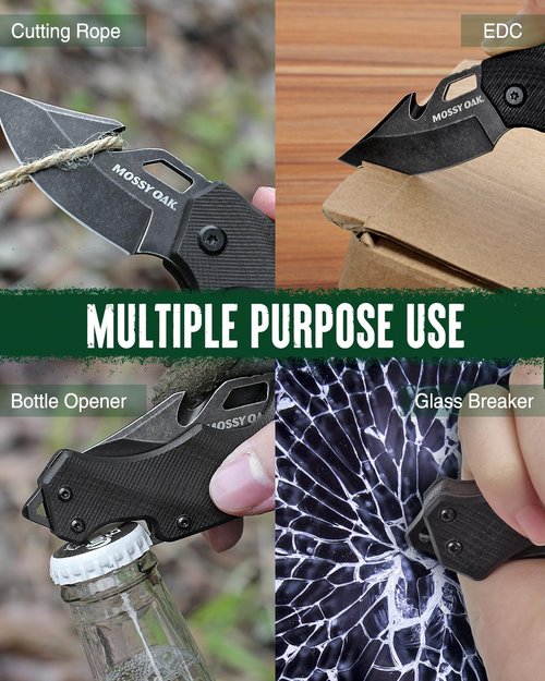 Mossy Oak Mini Folding Pocket Knife, 2.5-inch Stainless Steel Drop Point Blade - G10 Handle EDC Multifunction Tool with Bottle Opener and Glass Breaker (Black), Good Merry Christmas Gift