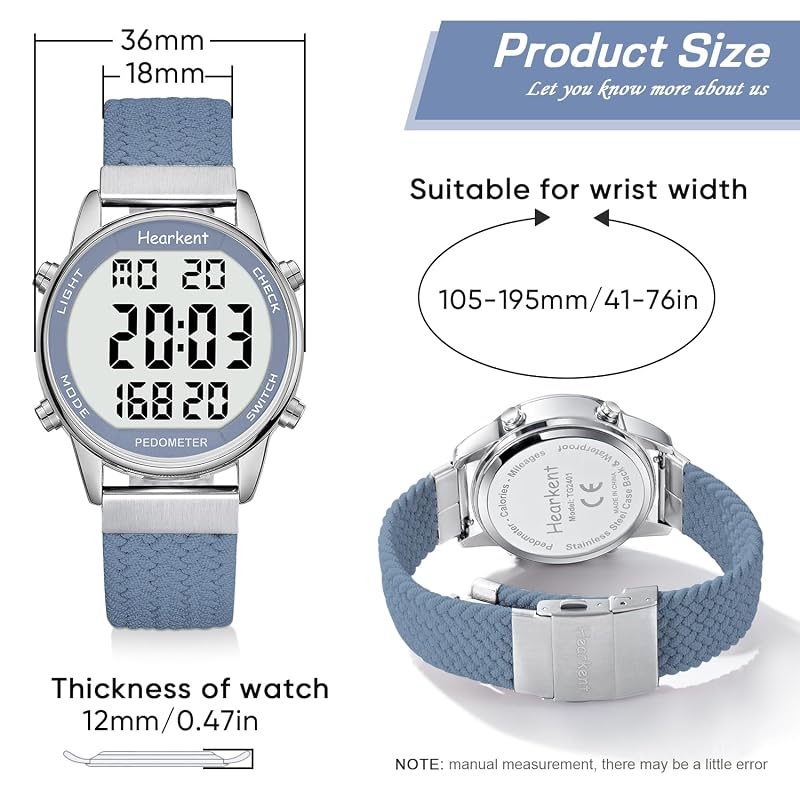 Hearkent Blue Pedometer Watch – Step, Mileage & Calorie Tracker, Large Digits