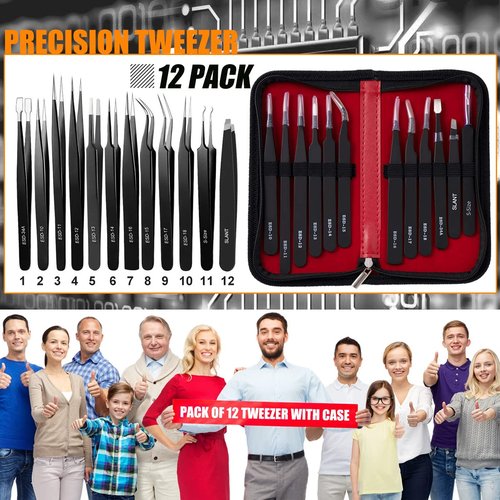 Antonki 12 Pack Precision Tweezers Set for Craft, Soldering, Jewelry, Facial Hair, Eyebrow, Ingrown Hair Removal, Eyelash Extension- with Case