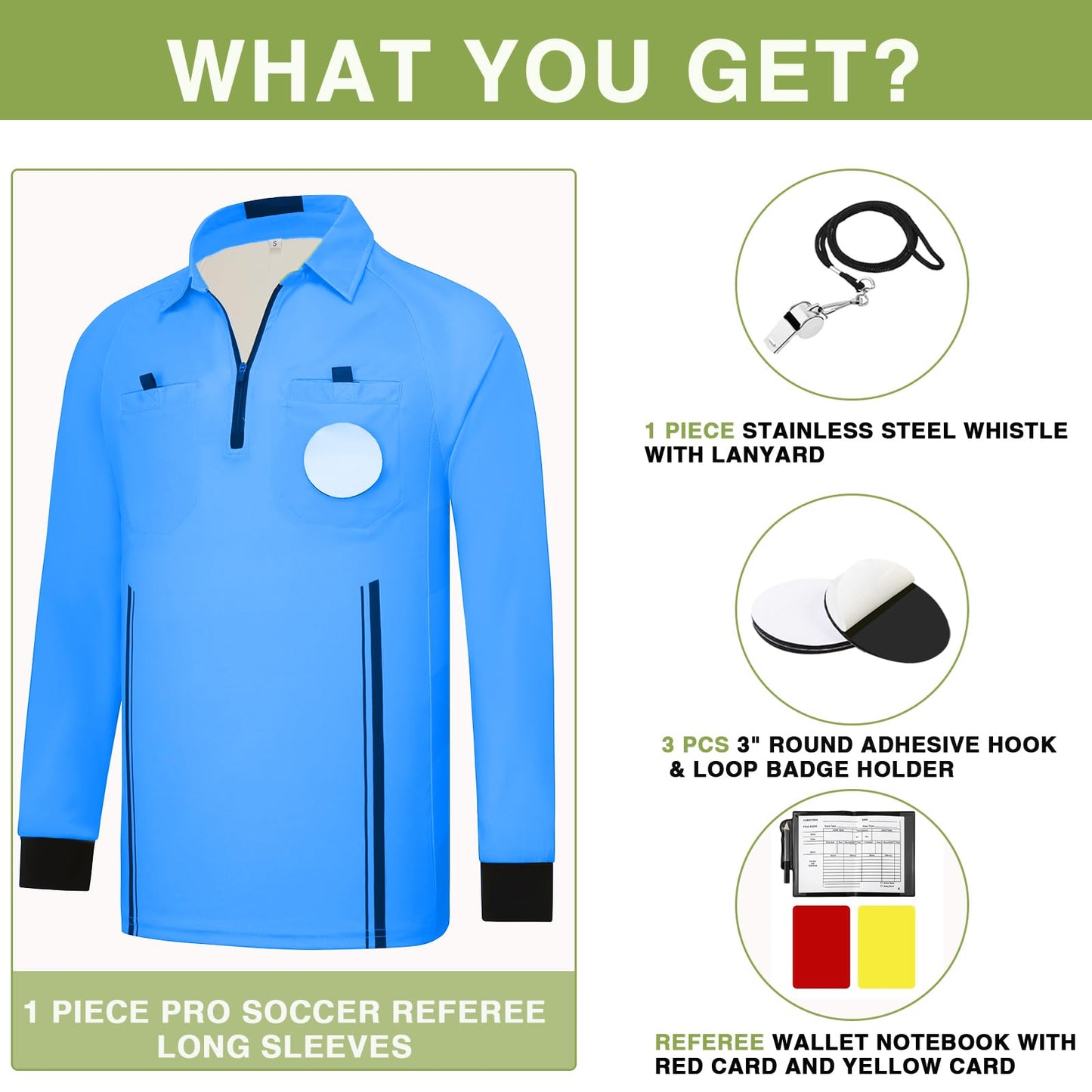 Soccer Referee Shirt Jersey kit Long Sleeve Pro Ref Costume Umpire Uniform with 3 Pcs Replace 3" Round Adhesive Hook & Loop Badge Holder, Referee Wallet with Red Card and Yellow Card Blue S