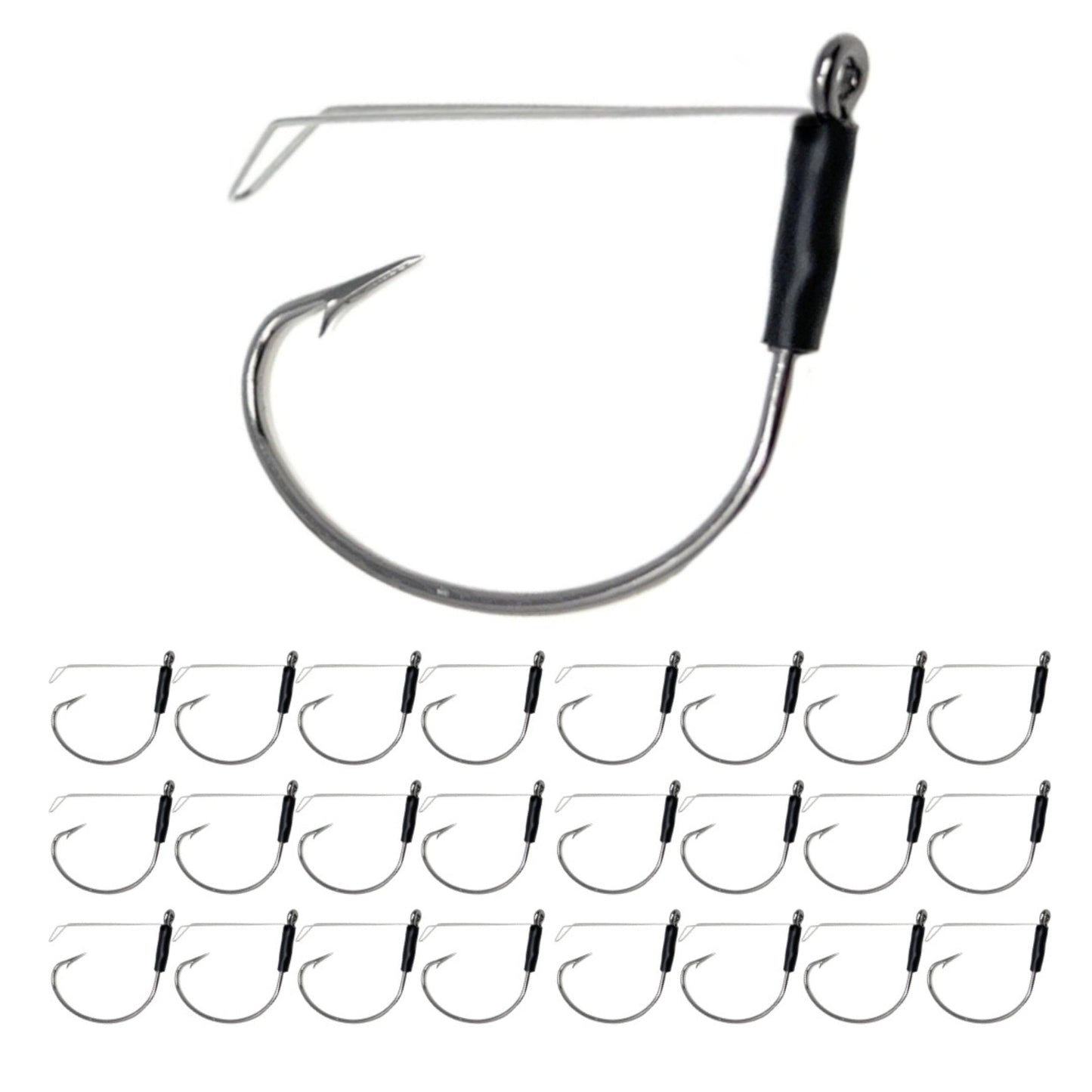 Reaction Tackle Wide Gap Wacky Hooks, Weedless Worm Hooks for Bass, High Carbon Steel Hooks for Stick Worm Soft Plastics, Neko Rig and Finesse Fishing - Size 1/0 Weedless Wire Guard (25-Pack)