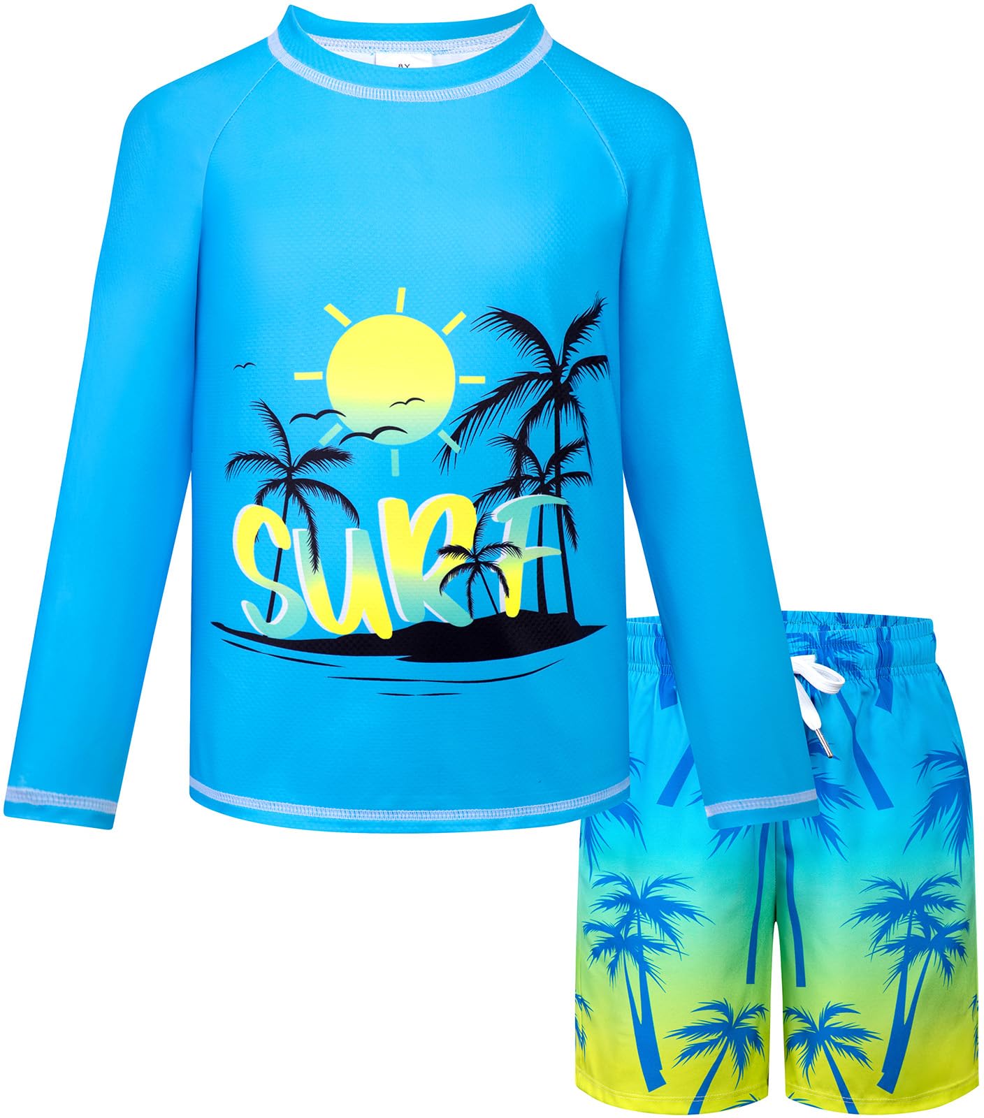 Belovance Boys Two Piece Rash Guard Swim Set Kids Long Sleeve Bathing Suit Swimwear Shirt with Trunks Swimming Suits Surfing Beach Clothes Quick Dry Size 6 7 Blue Yellow
