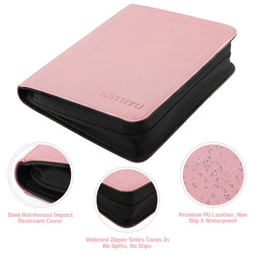 WITHYU Toploader Binder Holds 160 Top Loaders, 4 Pocket Ringless Card Holder for 3" x 4" Rigid Cards, Trading Card Album with 8 Toploaders for Sports, TCG, MTG (Pink)