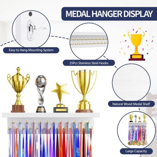 DSVENROLY Medal Holder Display Trophy Shelf Organizer, Sturdy Wooden Medal Hanger Rack with 25 Steel Hooks, Wall Mount Awards Race Storage Stand for Sports Fans, Cheer Success（White Golden Hooks）