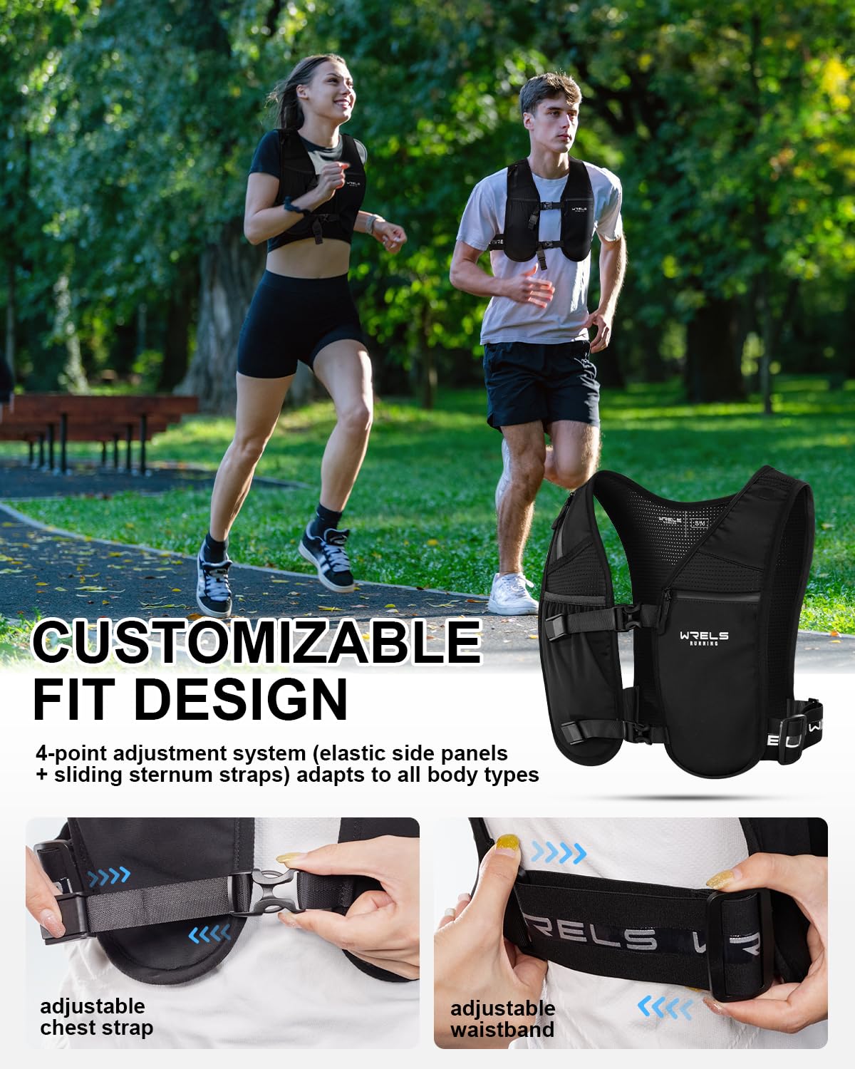 WRELS Running Vest for Women Men,Lightweight Reflective Hydration Vest with TPU 500ml Soft Flask,Adjustable Chest Straps Phone Pocket for Running Marathon