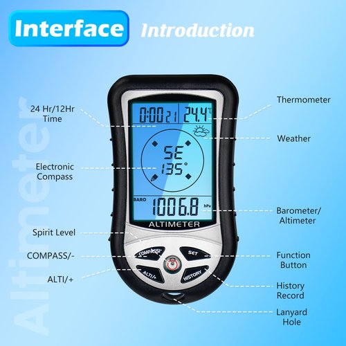 KooingTech Multifunction Digital Altimeter, Barometer, Digital Compass, Hiking Thermometer 8 in 1, Handheld Altimeter for Hiking Mountaineering -2300 to 29500FT 1100MBAR