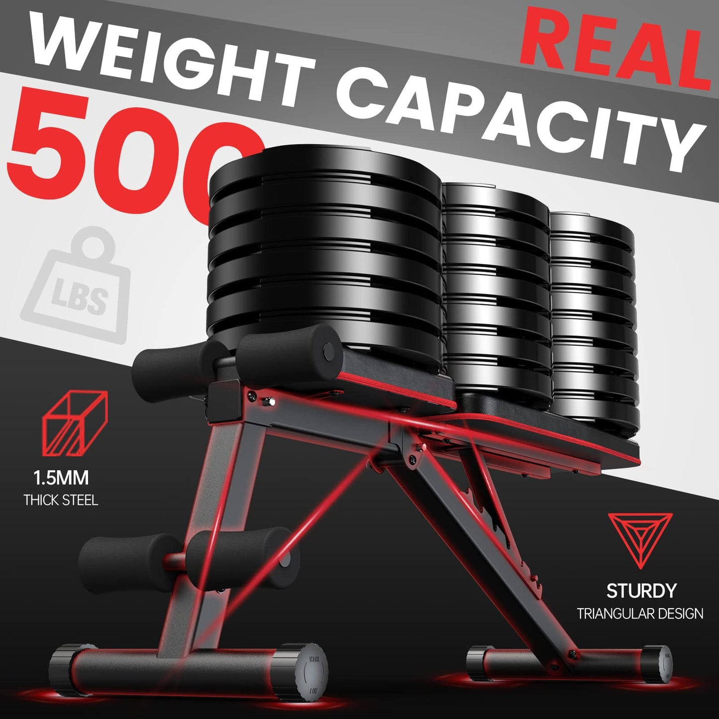 PASYOU Adjustable Weight Bench for Home Gym, 500LBS Capacity Foldable Workout Bench with Incline & Decline Flat, Compact Utility Workout Bench for Small Space Apartment Room Strength Training, Black